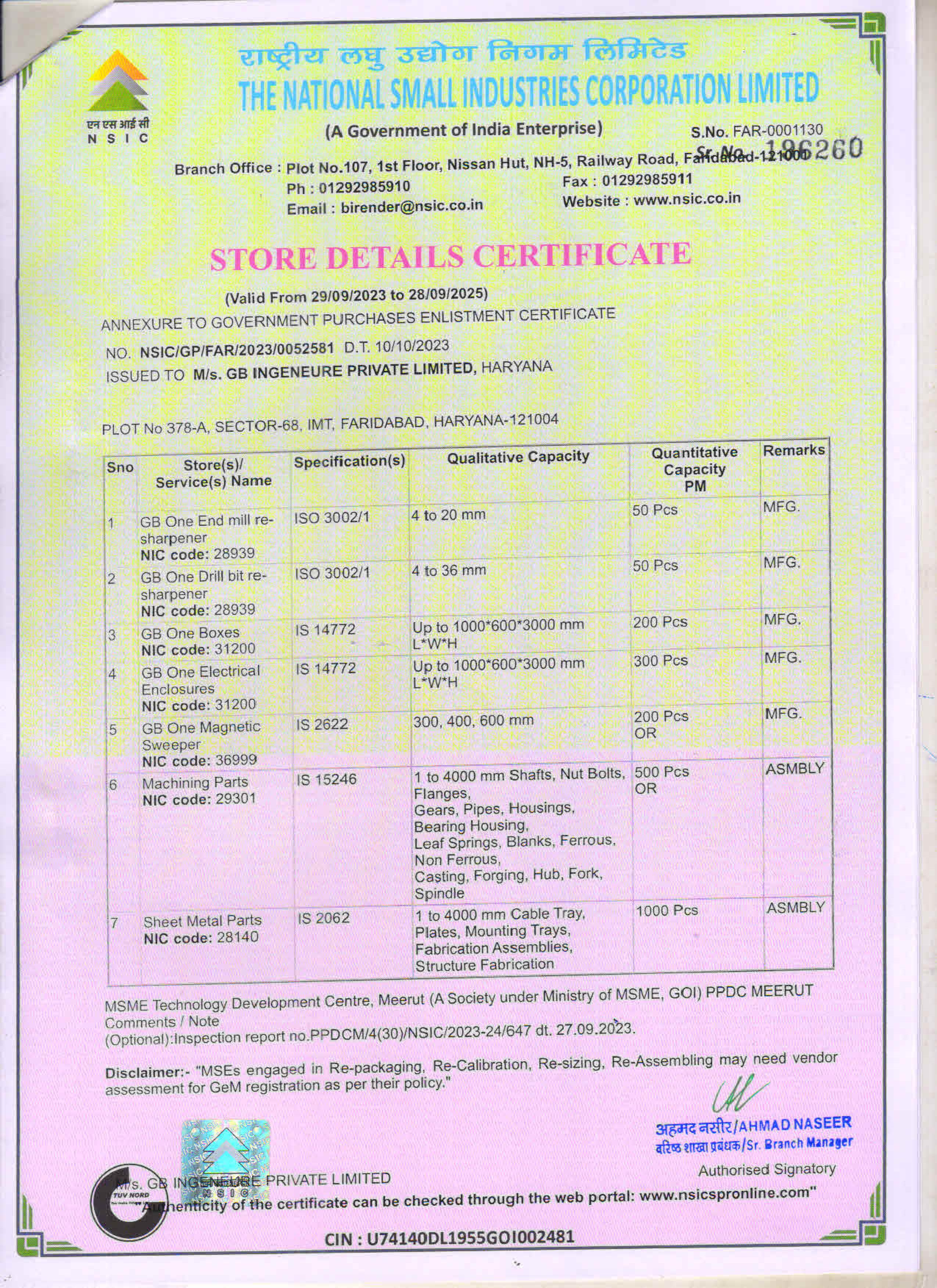 NSIC Store Certificate
